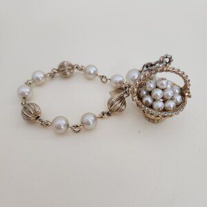 Vintage Bracelet Charm Faux Pearls Cluster Woven Basket Dangle Gold Tone Evening